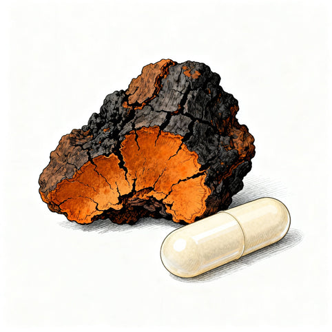 Fungo Chaga (Inonotus obliquus) con corpo fruttifero nero bitorzoluto su corteccia di betulla